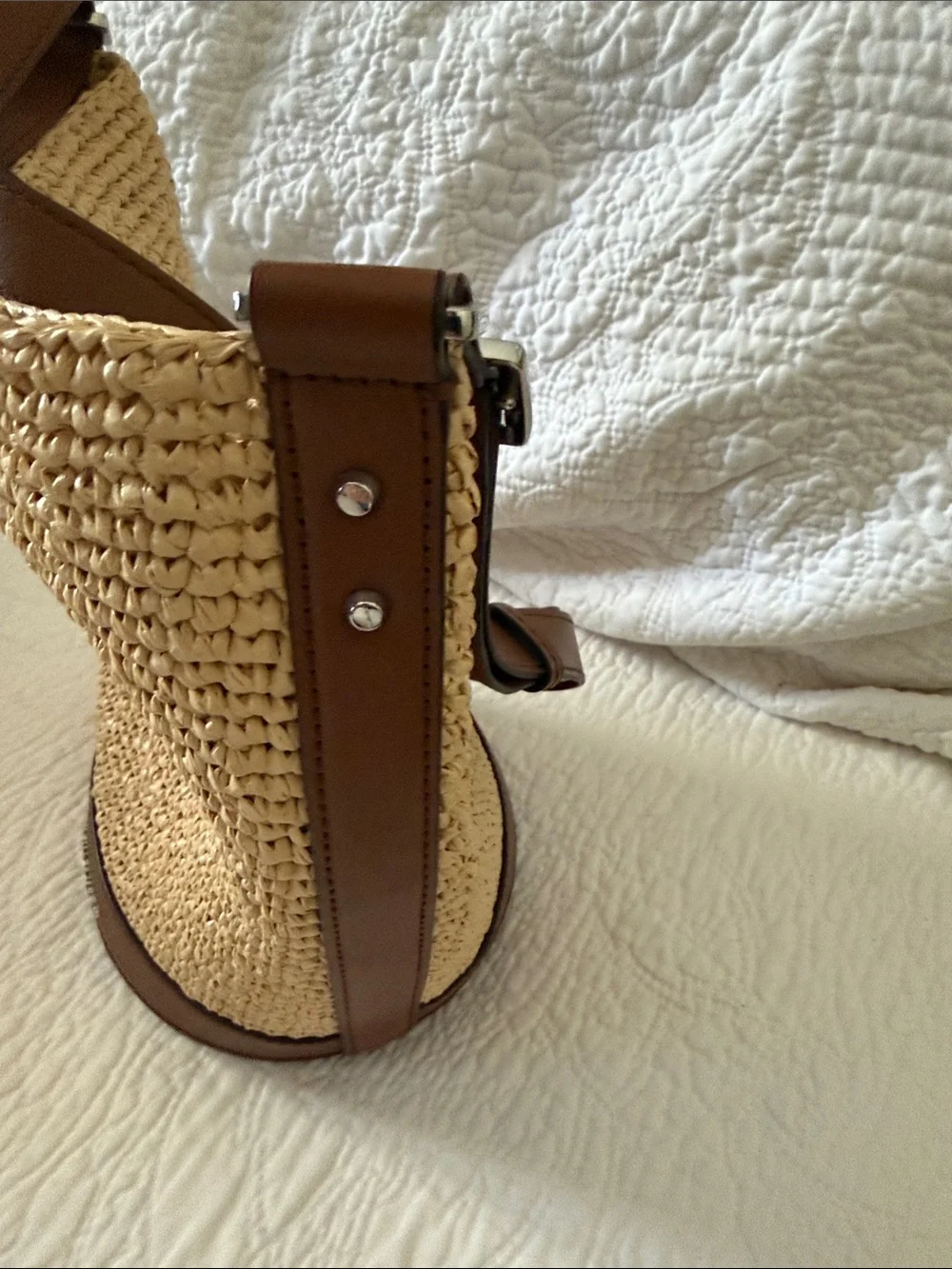 Michael Kors Natural Straw Bucket Shoulder Bag with Brown Leather Trim